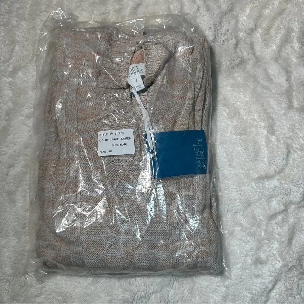 Market & Spruce Size 3X Casual Preppy Tan Neutral Cable Knit Hooded Sweater - Picture 11 of 11